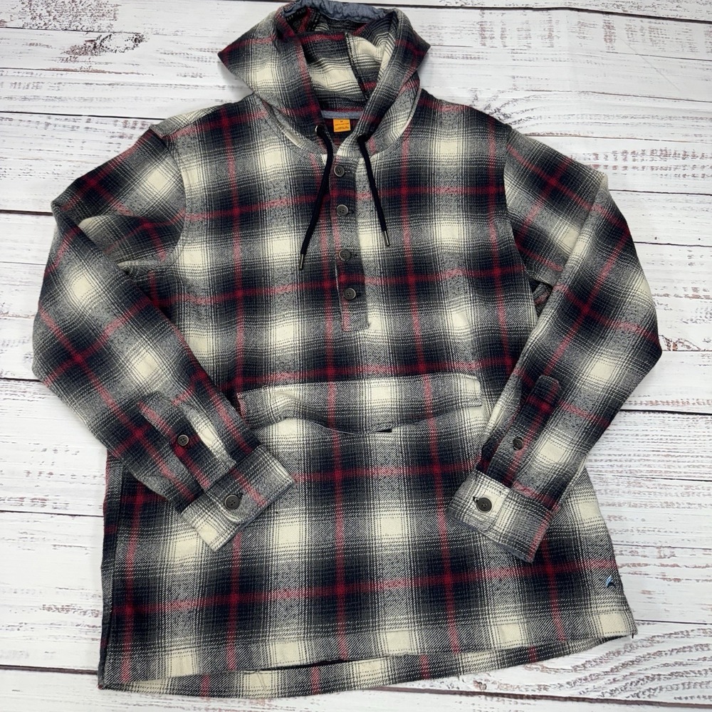 Vintage Summer Hooded Flannel Shirt Mens Medium Red Black Plaid Anorak Pullover